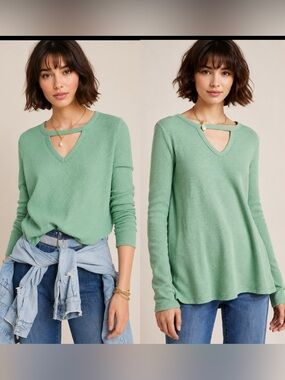 ANTHROPOLOGIE T.La GREEN NADIA CUT OUT THERMAL WAFFLE TUNIC TOP